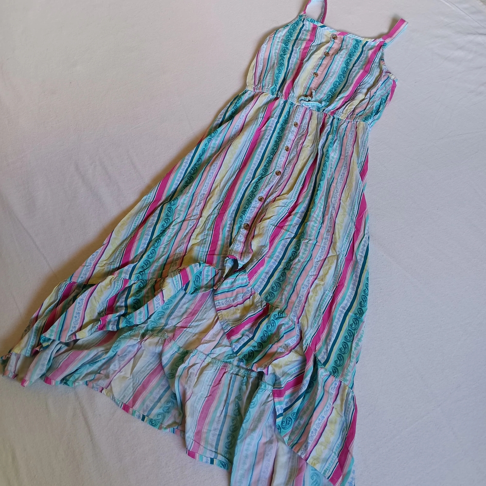 SO Pink Blue Striped Ruffled Tiered Sundress Sz 10/12 100% Rayon Maxi Spring